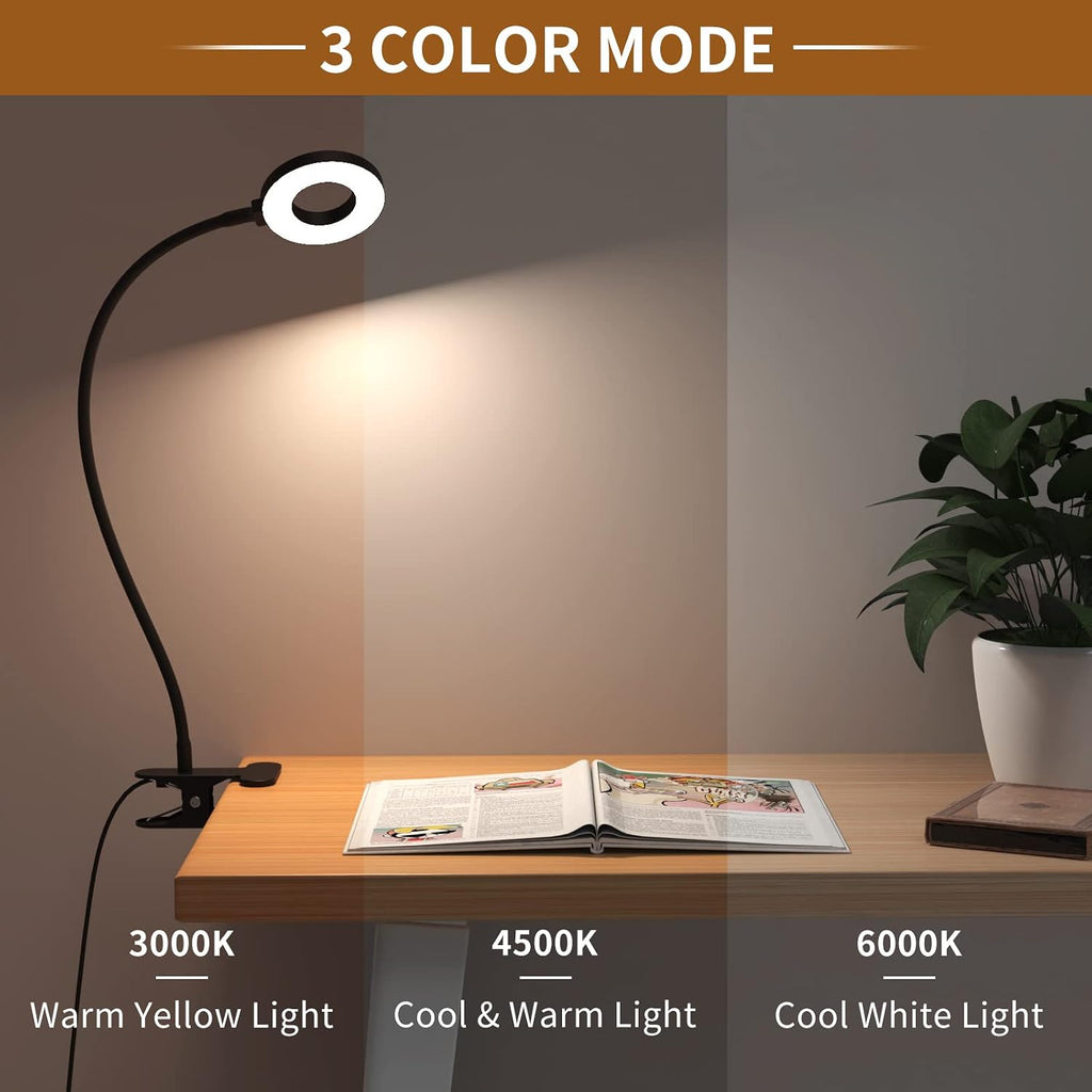 iZell Desk Lamp, [3 Color Modes & 10 Brightness] LED Reading Light with Clamp, Silicone Flexible Arm Book Light for Kids Reading Book in Be…