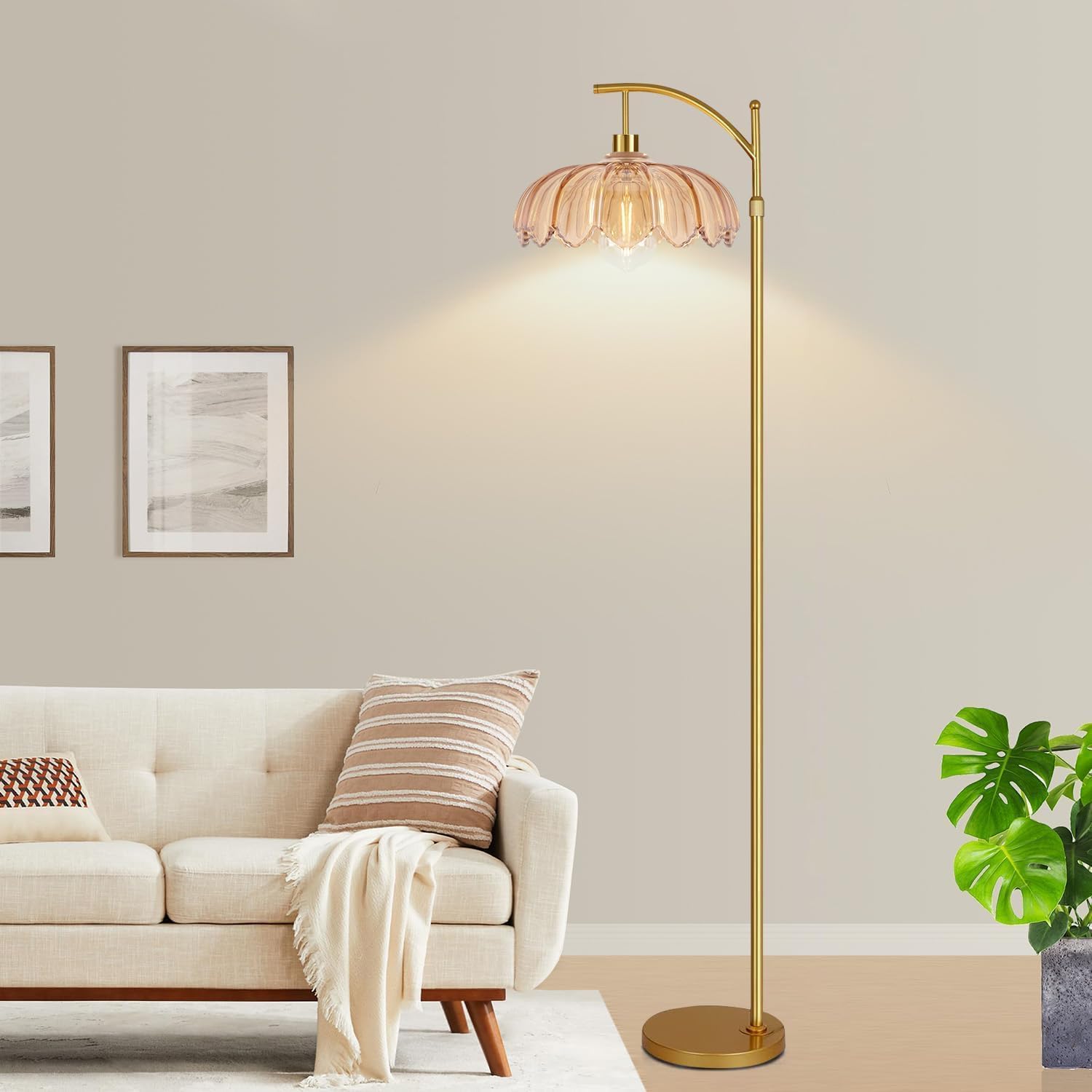Vintage Floor Lamps for Living Room Glass Floor Lamp with Remote Control & 3 Color Temperature, Dimmable Floor Lamp Gold Mid Century…