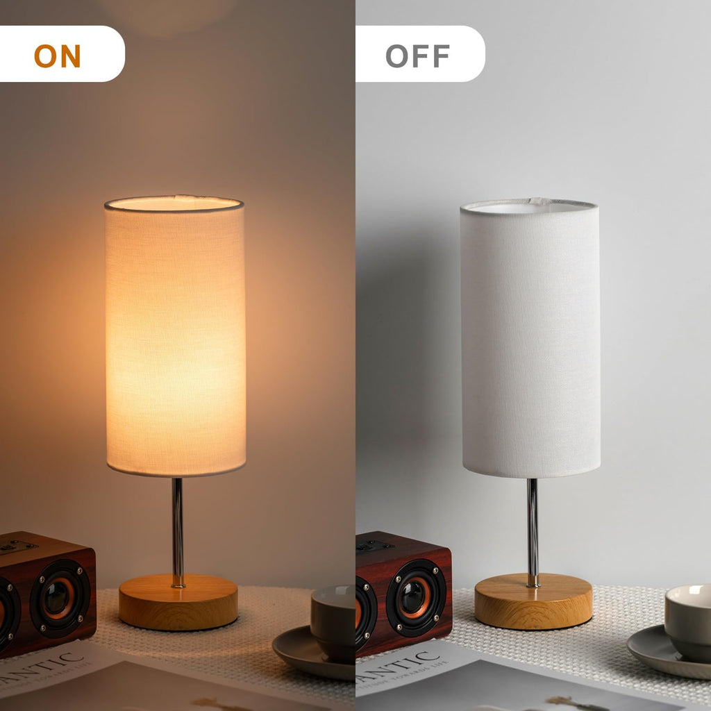 Small Table Lamp for Night Stands, Round White Fabric Shade and Wood Base, Modern Minimalist Bedside Lamps for Bedroom Dresser, Living…