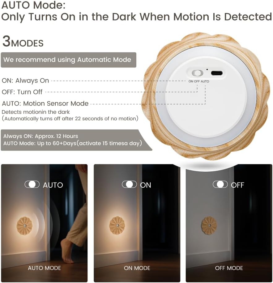 Motion Sensor Night Light Wooden Carved Flower Mini USB Rechargeable Stick-On Step Lights Magnetic Wall Lights for Hallway Bedroom Living…