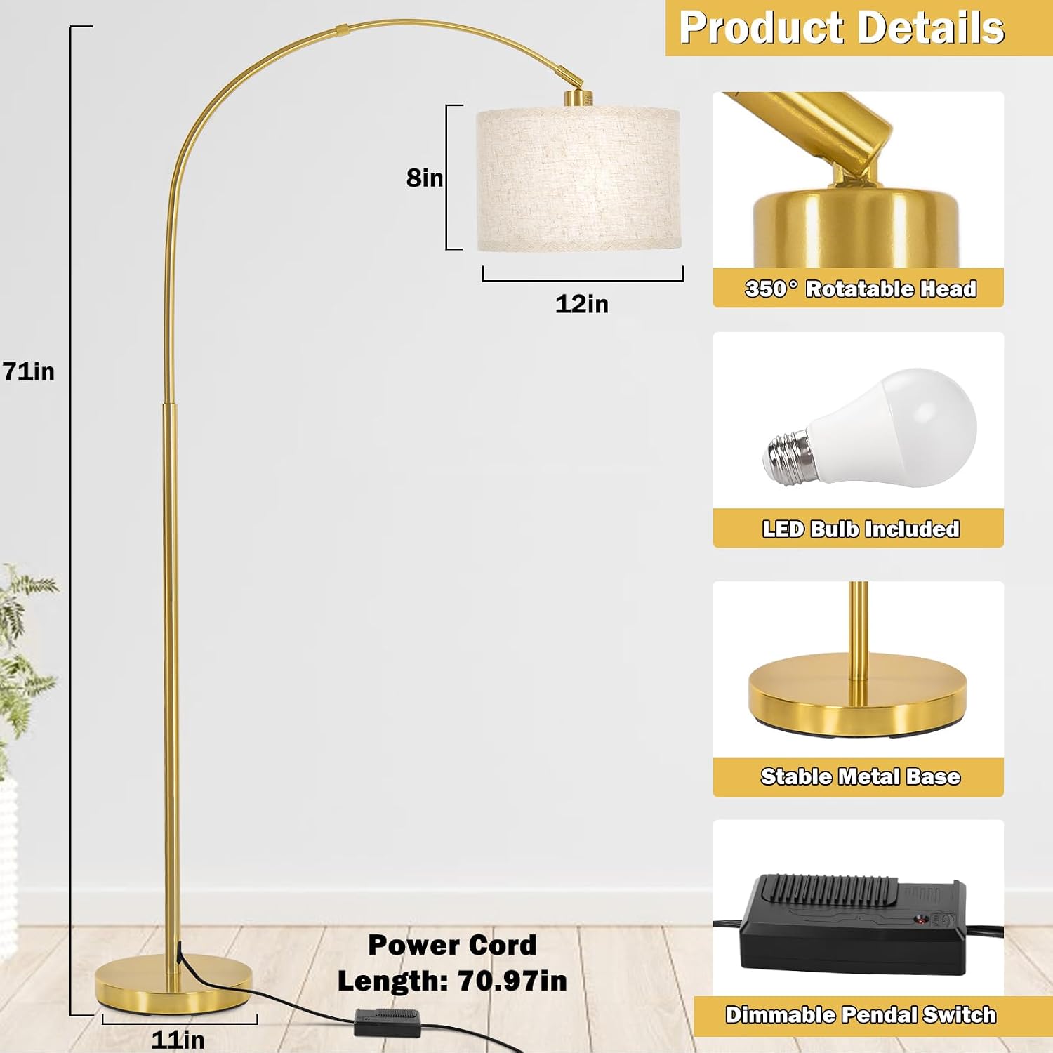 Gold Arc Floor Lamp, Dimmable Floor Lamp for Living Room, Mordern Standing Light with Adjustable Lamp Head, Tall Pole Lamp Over Couch…