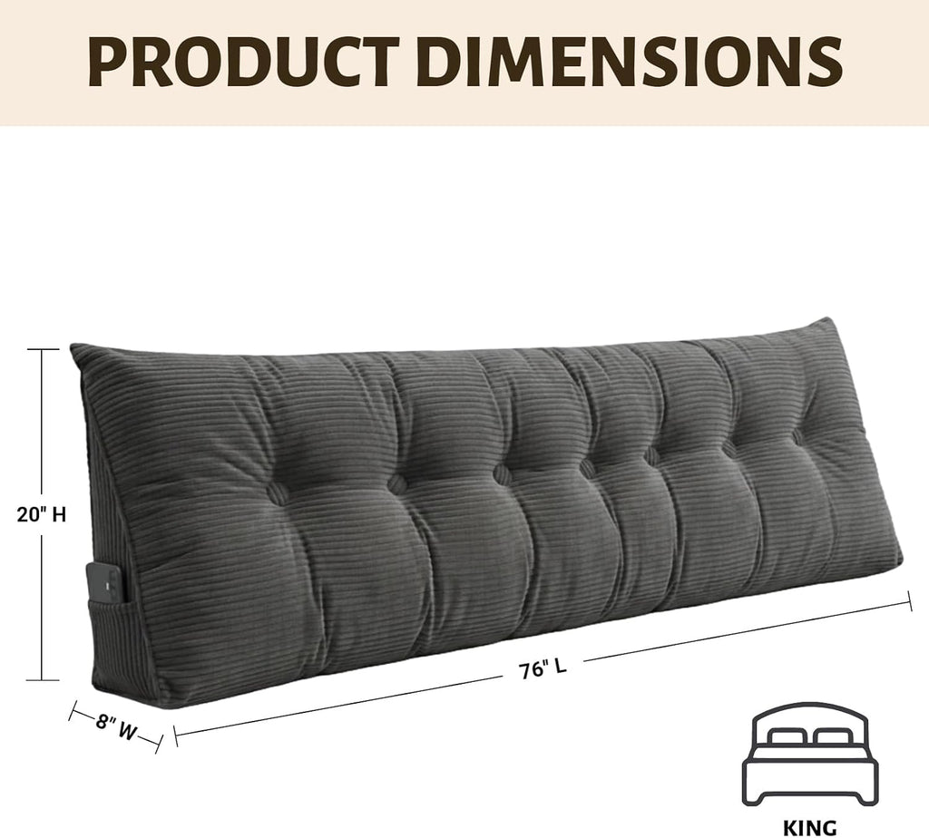 Wedge Reading Pillow Headboard King Size, Headboard Bolster Pillow for Bed, Triangular Backrest Cushion with Removable Corduroy Cover…
