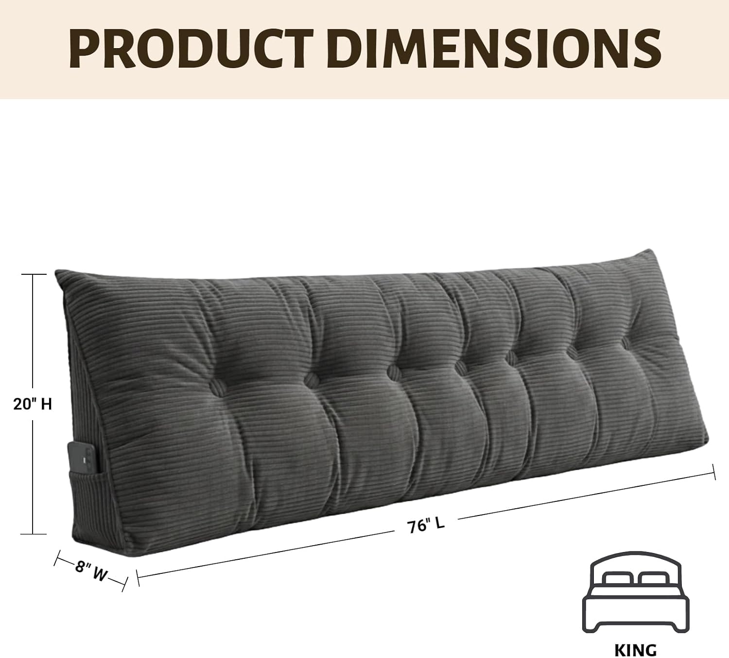 Wedge Reading Pillow Headboard King Size, Headboard Bolster Pillow for Bed, Triangular Backrest Cushion with Removable Corduroy Cover…