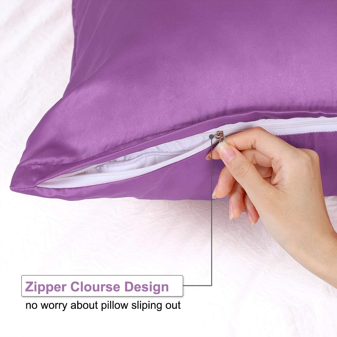 uxcell Queen Satin Pillowcase with Zipper, Super Soft and Luxury, Silky Pillow Cases Covers Set of 2, 21"x31", Purple