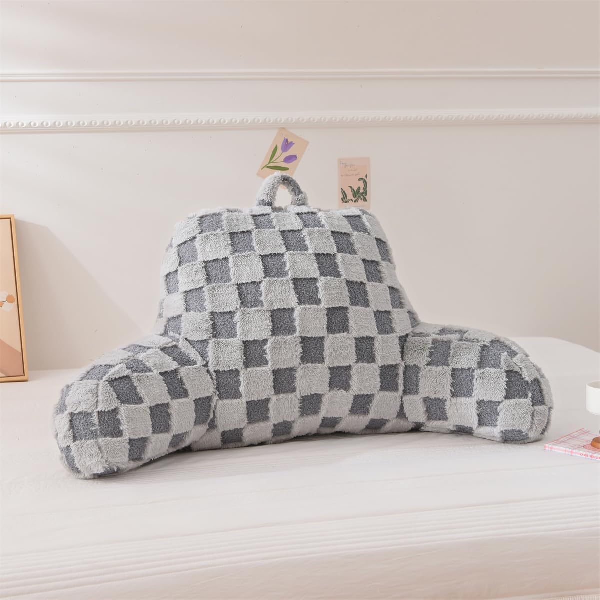 Holawakaka Checkered Reading Pillow for Bed and Sofa Couch Sitting Up, Backrest Pillows with Arms for Kids Teens Adults, Back Support Cushi…