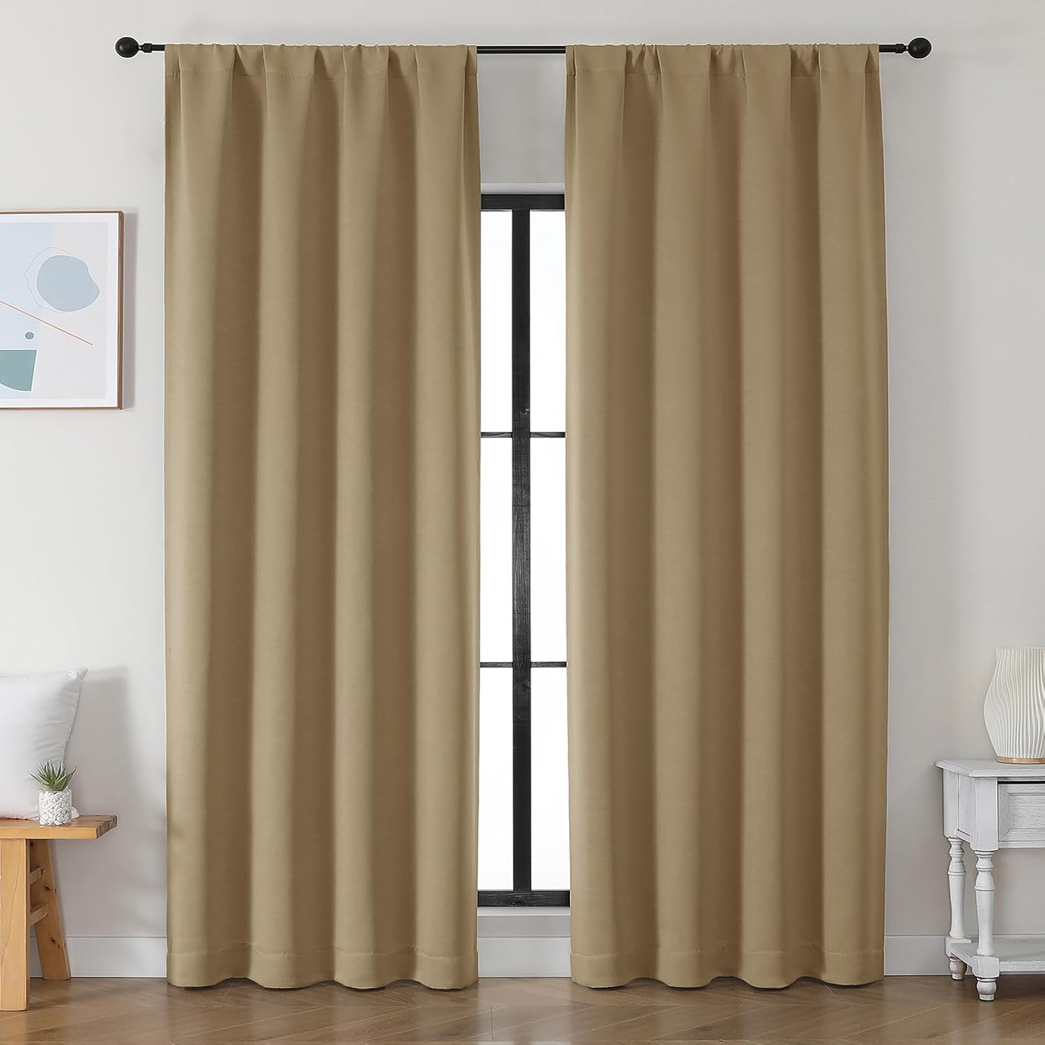 Simplebrand Ava Taupe Blackout Curtains for Bedroom 90 Inches Long 2 Panels Set, Solid Privacy Energy Saving Living Room Window Treatment C…