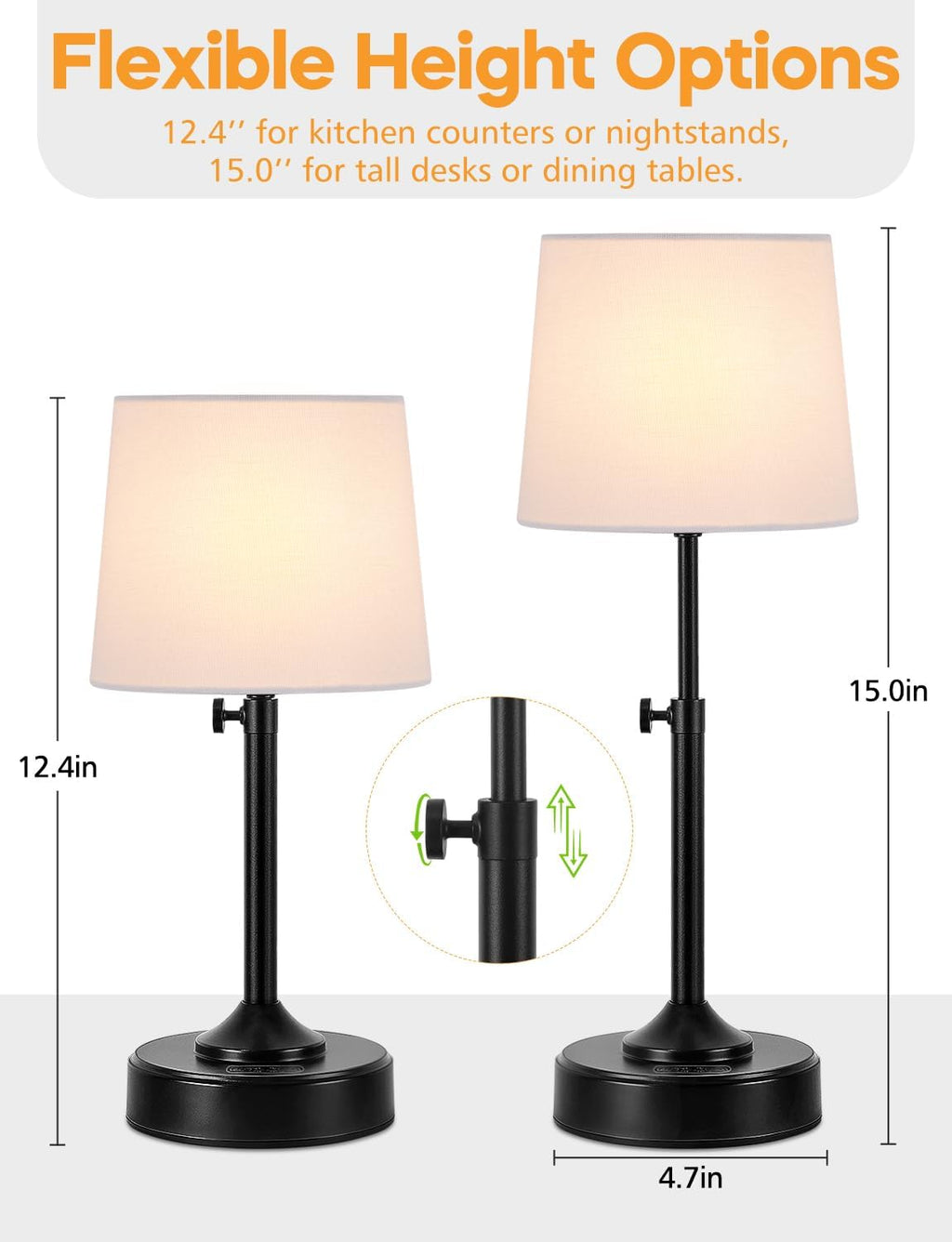 Height Adjustable Cordless Table Lamp Rechargeable with Timer, 3-Way & Stepless Dimmable LED Battery Operated Table Lamp, Wireless…