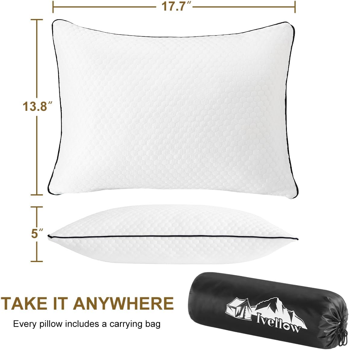 Ivellow Travel Pillow Camping Pillow for Sleeping Cooling Shredded Memory Foam Pillow Compressible Compact Medium Firm, Breathable Soft Cove…