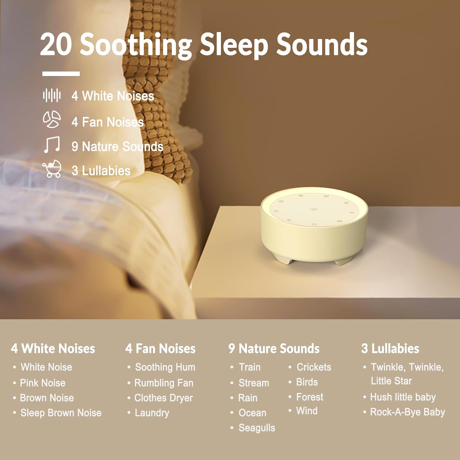 Kipcush® White Noise Machine for Baby and Adults, 20 Soothing Sleep Sounds, Custom Shortcut Buttons, Warm Night Light, 8 Hour Timer