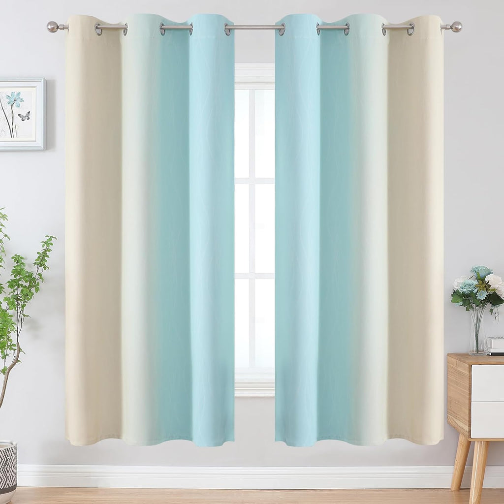 Estelartextiler Estelar Textiler Aqua and Beige Ombre Blackout Curtains 72 Inches Length for Bedroom, Thermal Insulated Light Blocking Grom…