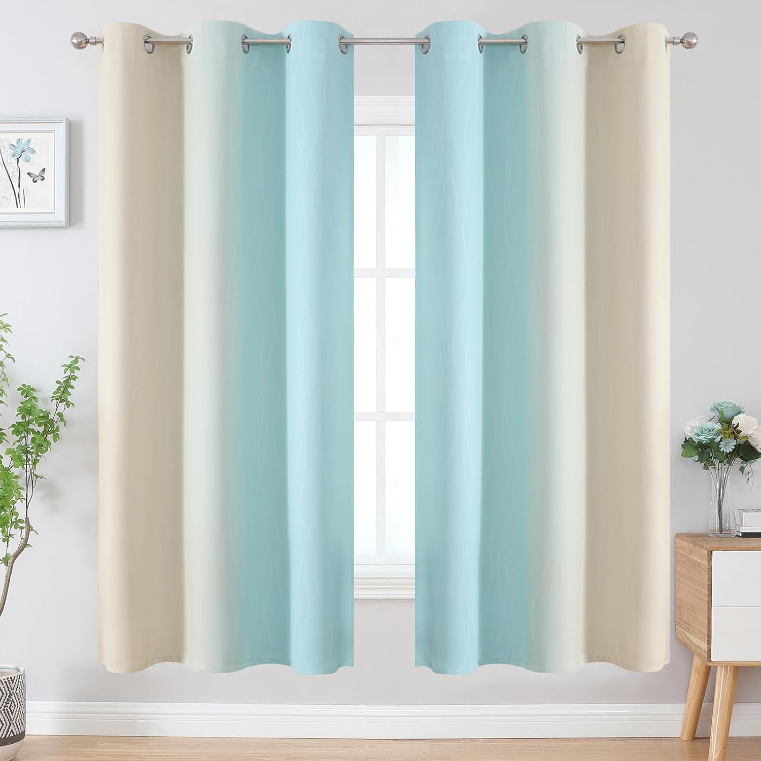 Estelartextiler Estelar Textiler Aqua and Beige Ombre Blackout Curtains 72 Inches Length for Bedroom, Thermal Insulated Light Blocking Grom…