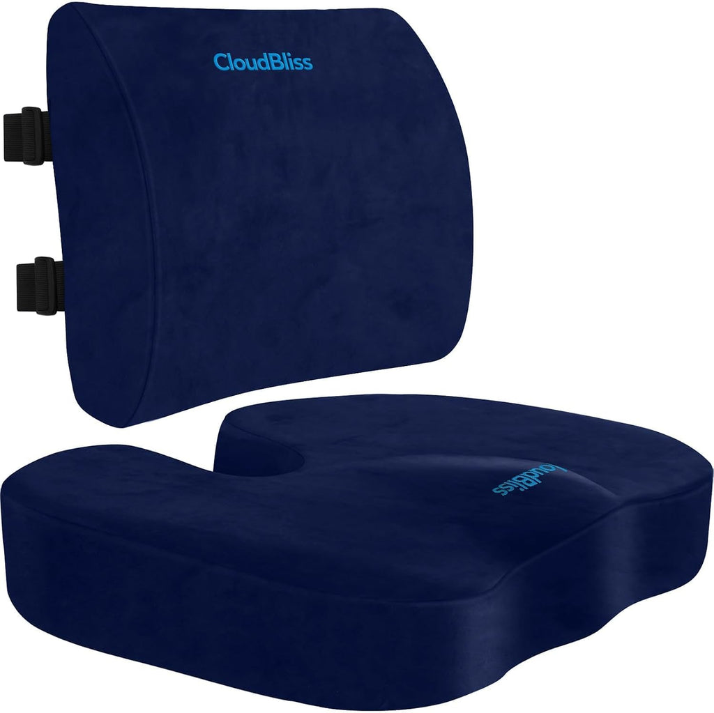 CloudBliss Lumbar Support Pillow & Seat Cushion Set for Office Chair, Desk Chair, Wheelchair & Car–Memory Foam Back Support, Ergonomic Chair…