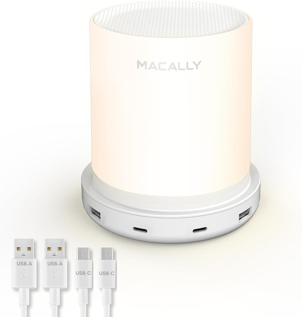 Macally Small Bedside Lamp with USB Ports (USB C + A) - Fast Charging Bedside Light and 3 Way Dimmable Touch Lamp for Nightstands - Great…