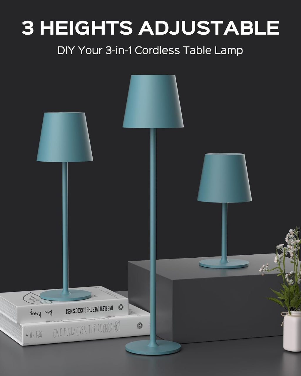JACKYLED Cordless Table Lamps Rechargeable, 3 Adjustable Height, 5000mAh Battery Operated, 3 Colors Smooth Dimming, Portable LED…