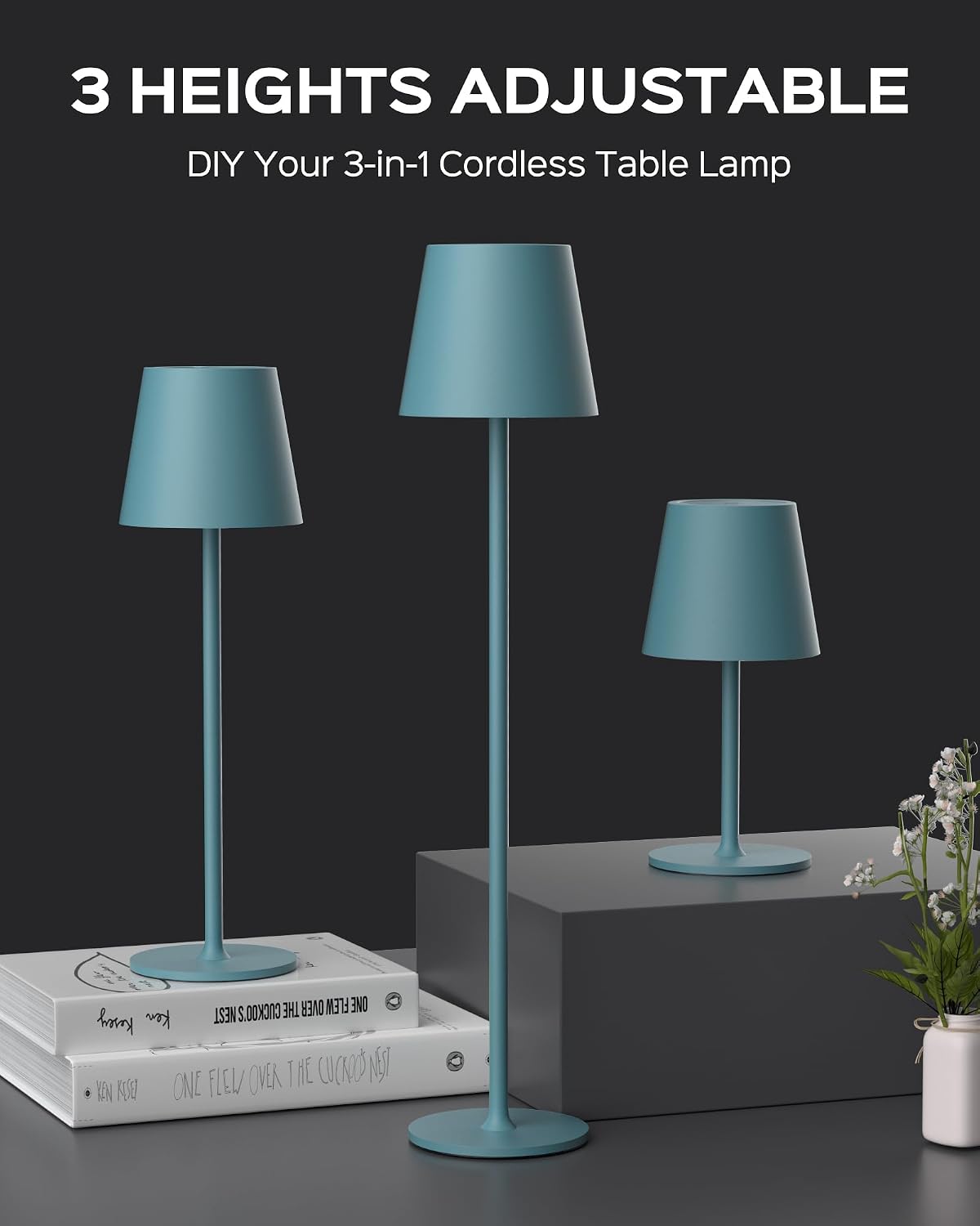 JACKYLED Cordless Table Lamps Rechargeable, 3 Adjustable Height, 5000mAh Battery Operated, 3 Colors Smooth Dimming, Portable LED…