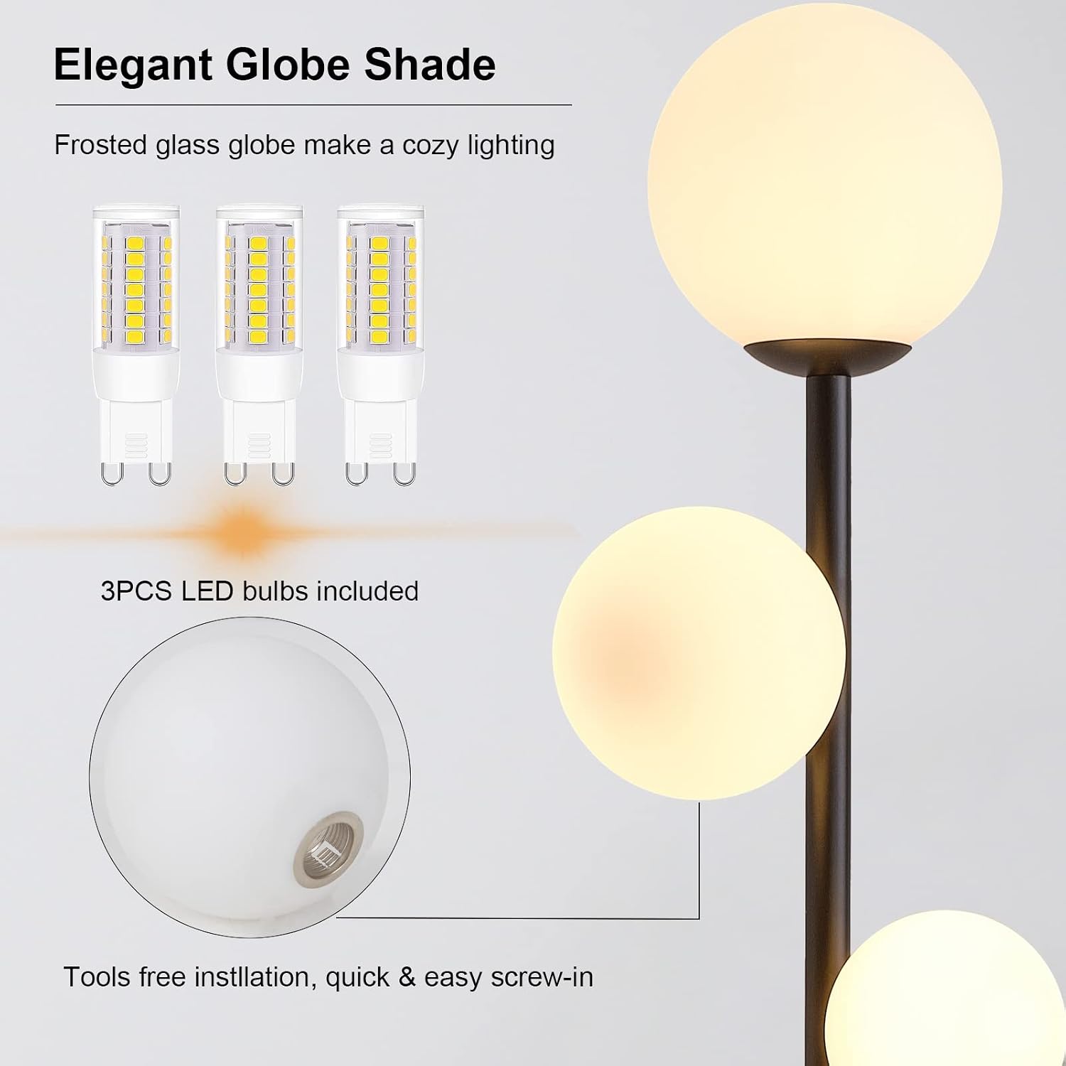 Fiqevs 3 Globe Mid Century Modern Floor Lamp, 3 x 800LM LED Bulbs Included, Matt Black Standing Lamp with Sphere Frosted Glass Shade…