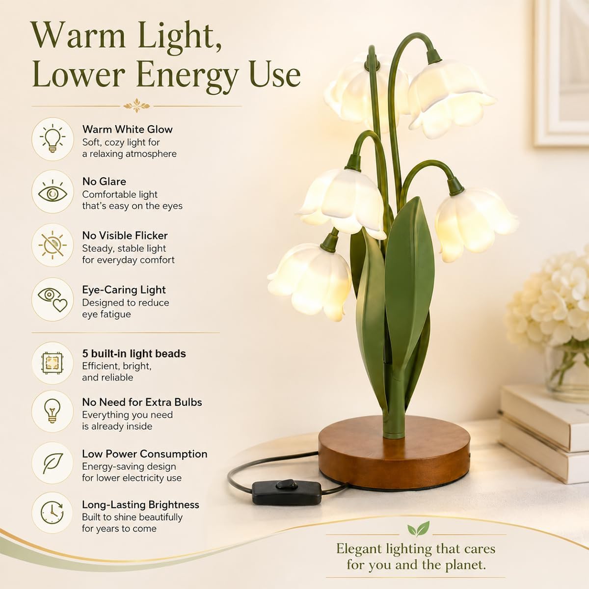 Flower Table Lamp for Bedroom, Cute Reading Light with 5 White Tulip Flower of The Valley, Desk Lamp Bedside Lamps for Nightstands Home…