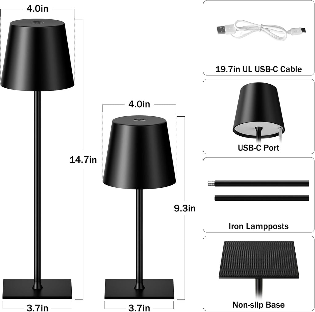 Kakanuo Black Cordless Rechargeable Table Lamp, 4 Pack Portable Desk Lamp with 5000mAh Battery, Touch Control Stepless Dimming, Wireless…