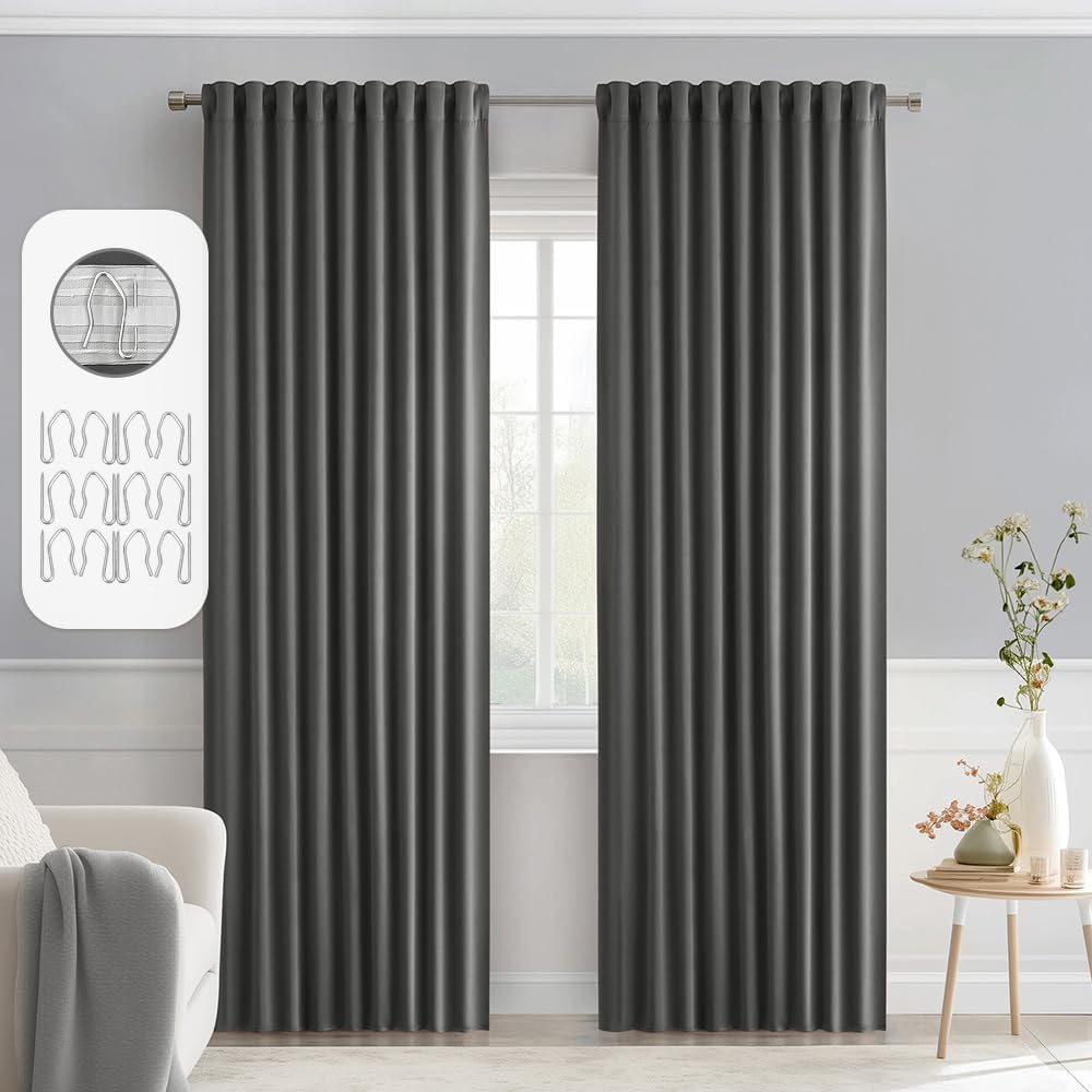 Miulee Grey Back Tab Blackout Curtains 72 Inch Length 2 Panels Set for Living Room Bedroom Privacy, Rod Pocket/Pinch Pleat Thermal Insulate…