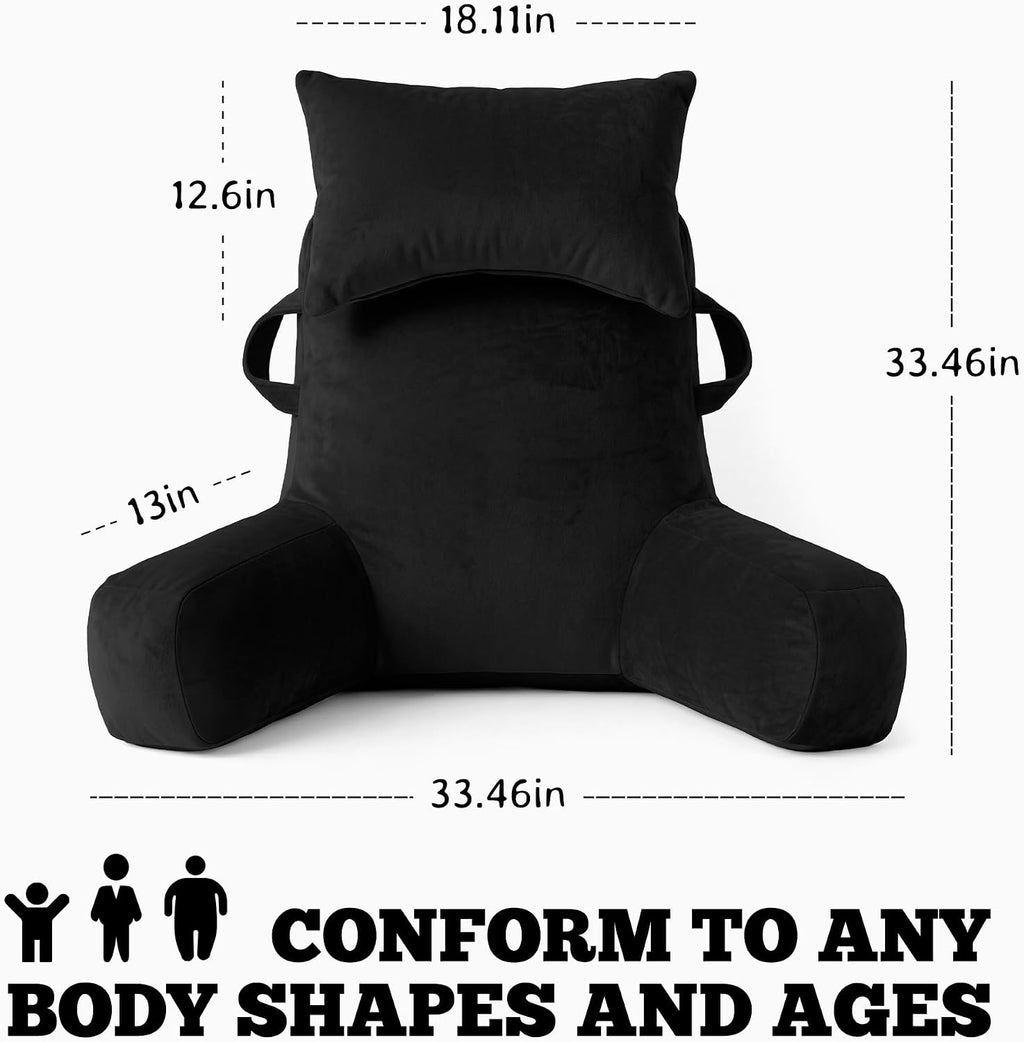 Unisakey Portable Reading Pillows with Headrest for Bed Sitting Up(Black Oeko-Tex), Velvet Back Pillow with Arms & Pockets for Adults…