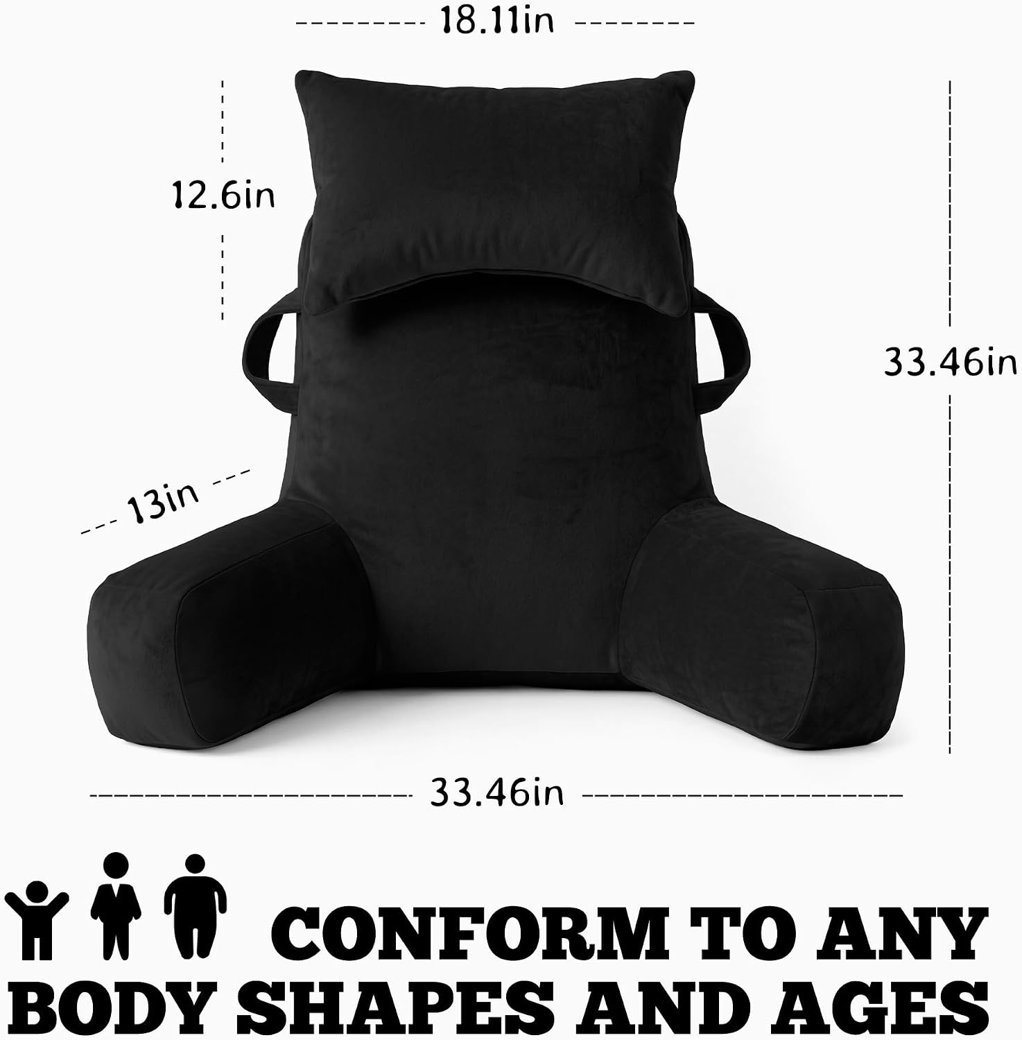 Unisakey Portable Reading Pillows with Headrest for Bed Sitting Up(Black Oeko-Tex), Velvet Back Pillow with Arms & Pockets for Adults…