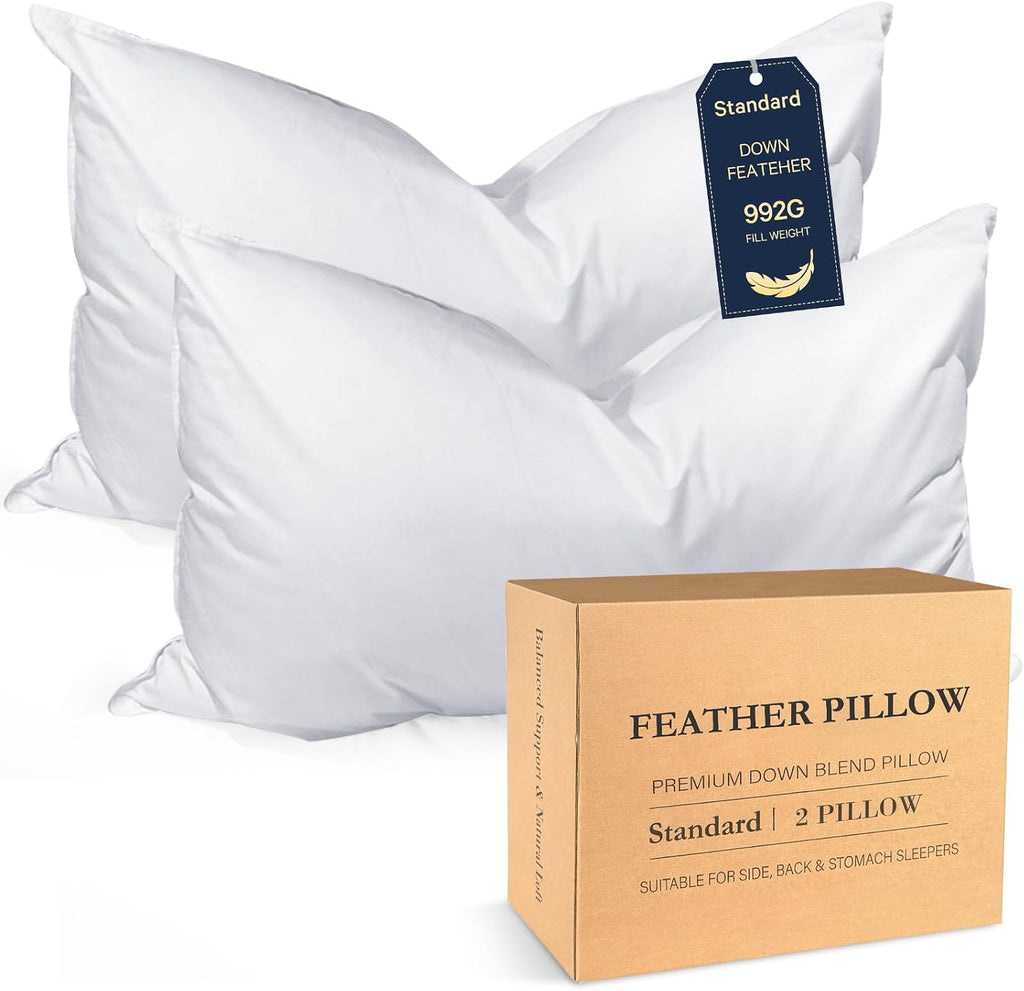 BHZ Down Feather Standard/Queen Pillows Set of 2 Pack, Luxury Hotel Collection Goose Bed Pillows for Sleeping Firm Soft Support for Side…