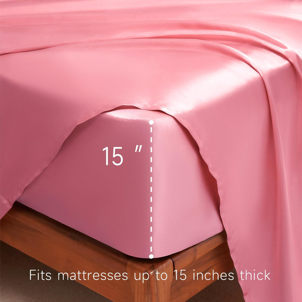 Golal Satin Sheets Queen Size - 4 Pieces Luxury Silky Soft Bed Sheets, Wrinkle-Free Pink Satin Silk Sheet Set with 1 Deep Pocket Fitted She…
