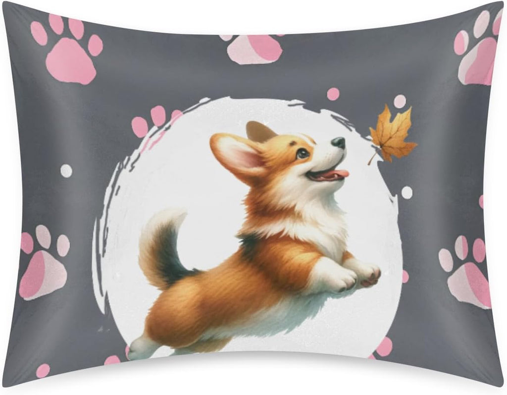 Satin Pillowcase for Hair and Skin Pink Paw Print Dog Soft Silk Pillow Case with Envelope Closure Cooling Pillow Cases Slip Standard Size…