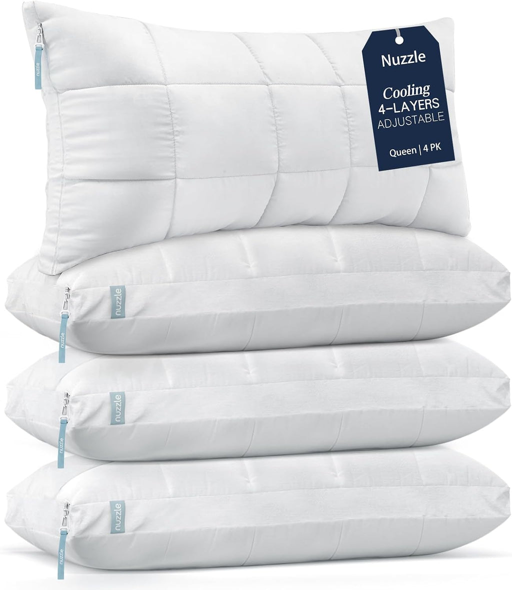 Nuzzlepillow Nuzzle Pillows Queen Size Set of 4 Adjustable Firm Pillows, Luxury Hotel Collection Bed Pillows – Adjust Height Soft Cooling P…