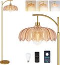 QIYIZM Glass Floor Lamp for Living Room, Bedroom, Gold Dimmable Standing Lamp with Remote, Mid Century Modern Brass Tall Lamp Boho Floor…