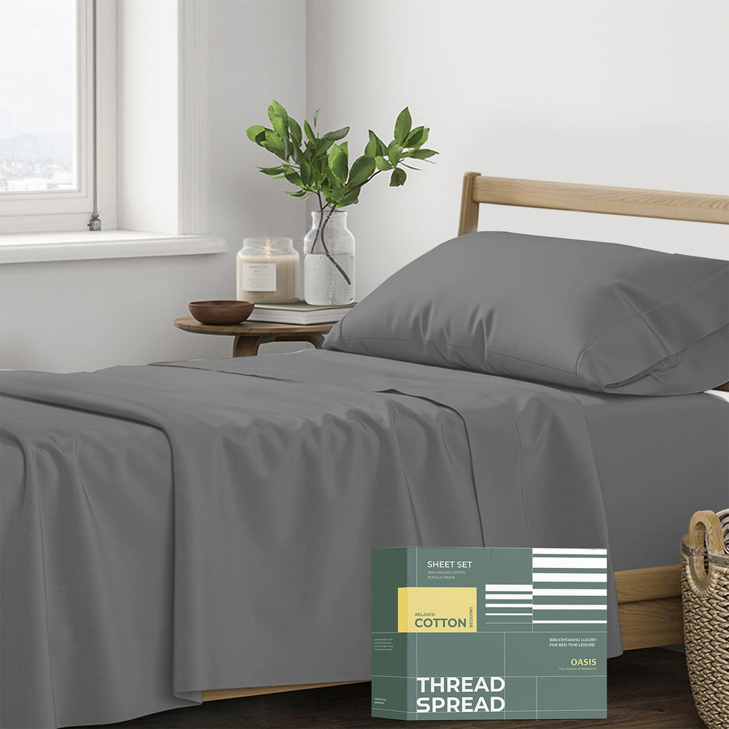 THREAD SPREAD 100% Organic Cotton Sheets Twin XL Size - 3 PC Organic Cotton Twin XL Size Percale Weave Sheet Set, Soft, Cooling, Crisp &…