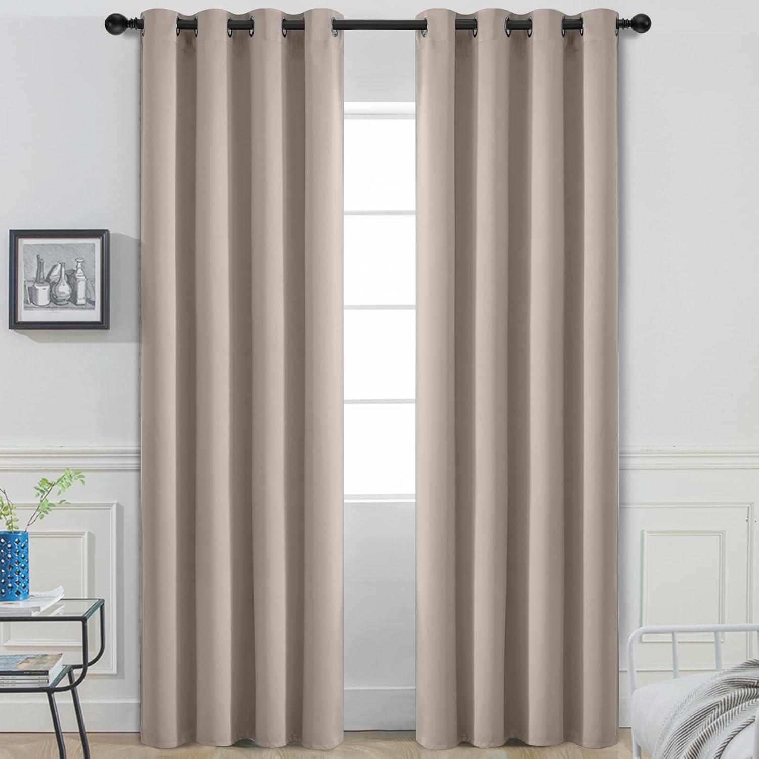 Yakamok Room Darkening Blackout Curtains Thermal Insulated Grommet Curtain Panels for Bedroom, 52W x 84L, Natural, 2 Panels