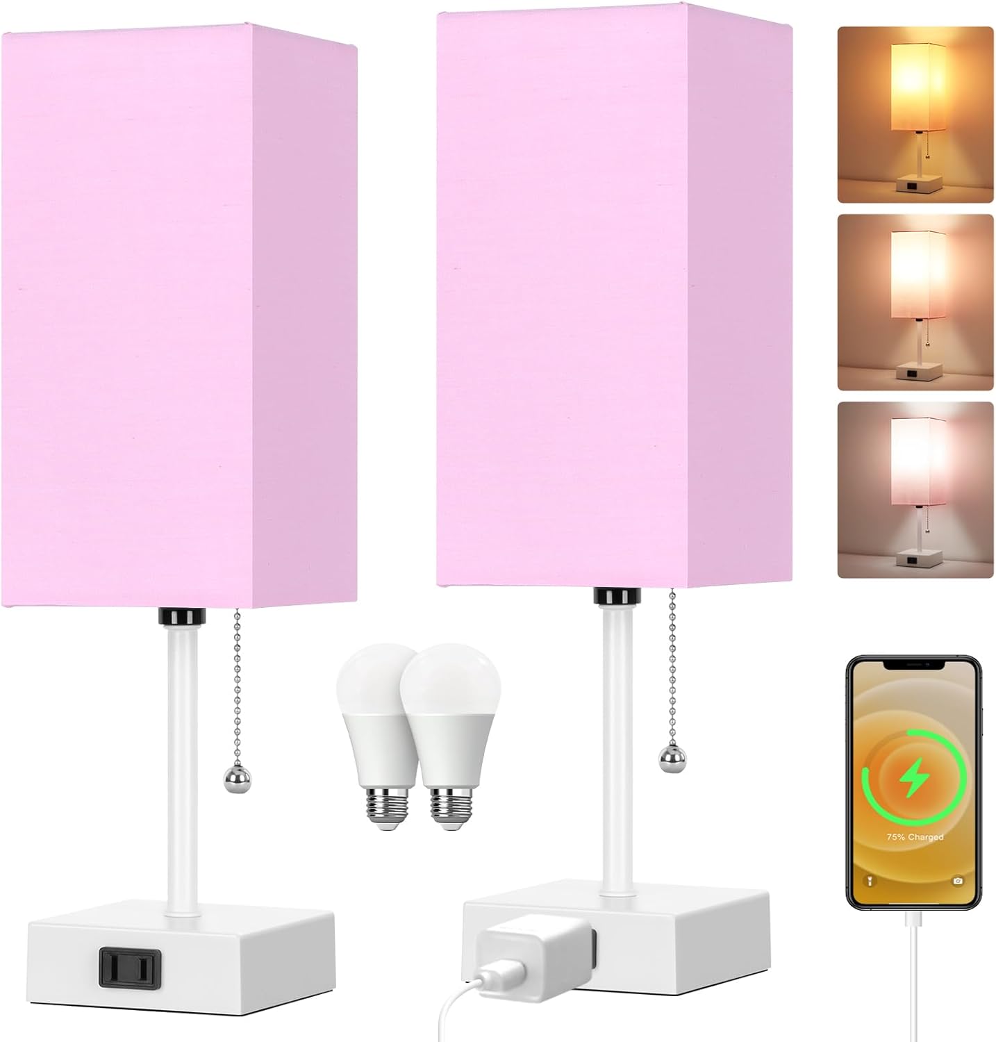 15'' Table Lamp for Bedroom set of 2,3-Color Bedside Lamps with Pull Chain Table Lamps for Night stands, Small Night Light Lamps with 2…