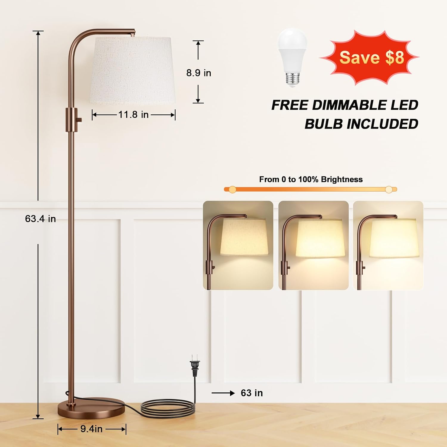 Ambimall Fully Dimmable Floor Lamp with 9W LED Bulb, Standing Lamp for Living Room with Adjustable Head, Modern Tall Light with Rotary…