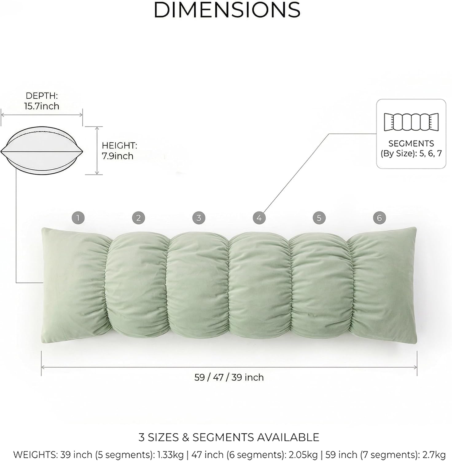 Ailuteie Pat. Pend. Long Pillow for Bed, Segmented Body Pillow for Adults and Side Sleepers with Soft Velvet Washable Pillowcase (Celadon G…