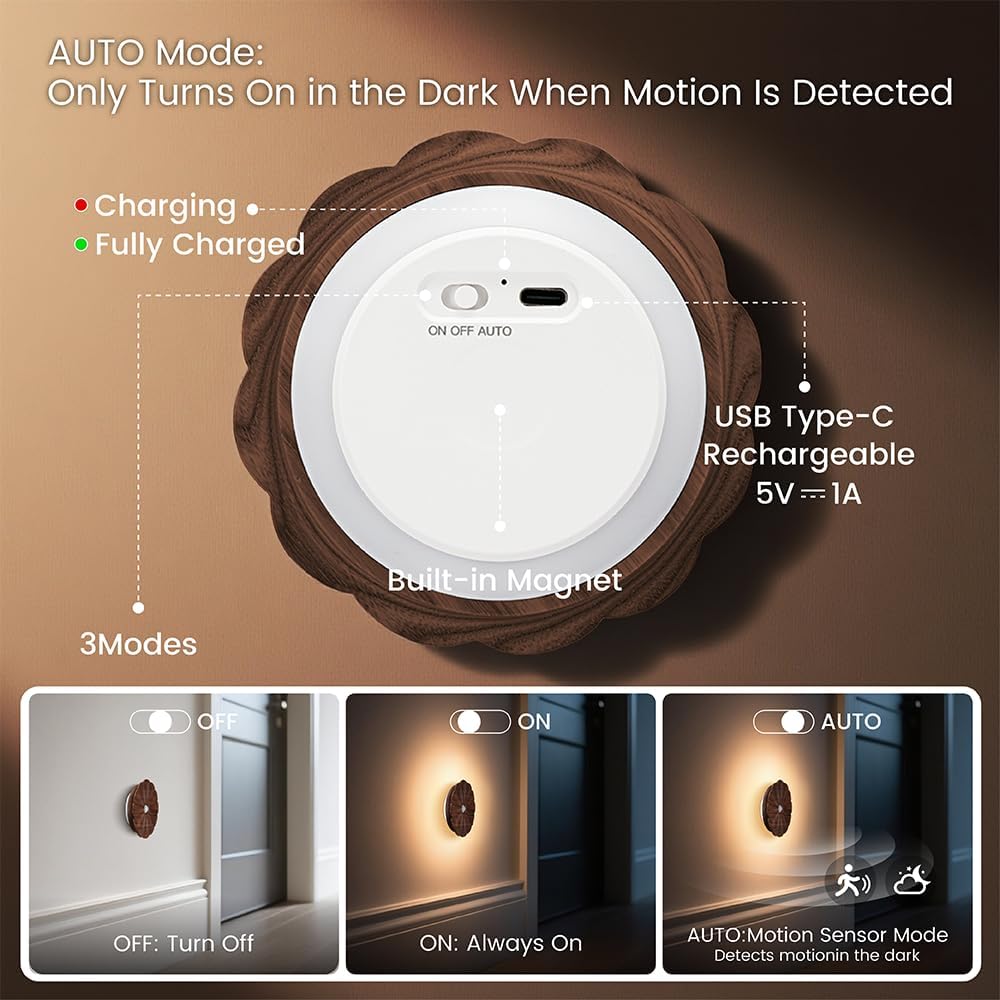 Motion Sensor Night Light Wooden Carved Flower USB Rechargeable Stick-On Step Lights Magnetic Mini Wall Lights for Hallway Bedroom Living…