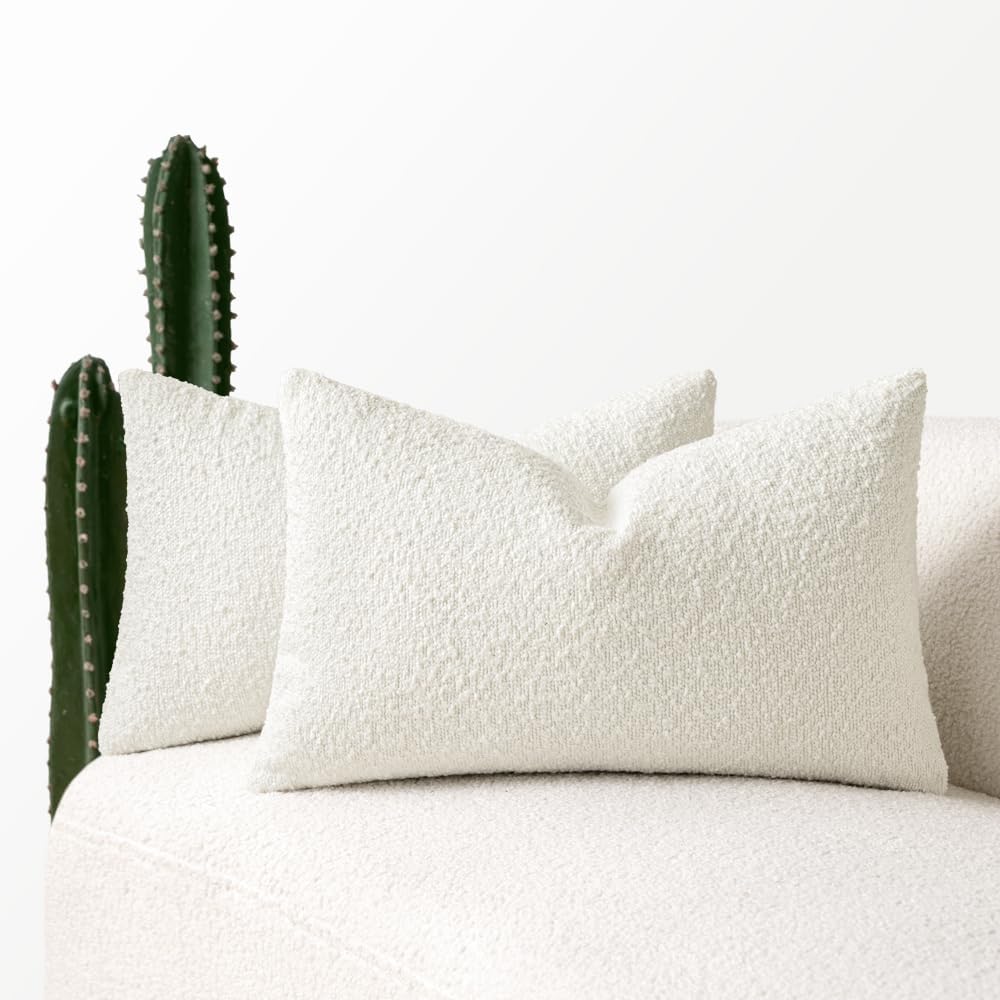 Miulee 12x20 Inch Decorative Lumbar Pillow Covers for Couch Bed Set of 2 Textured Boucle Neutral Throw Pillow Covers Cream White Accent Sol…