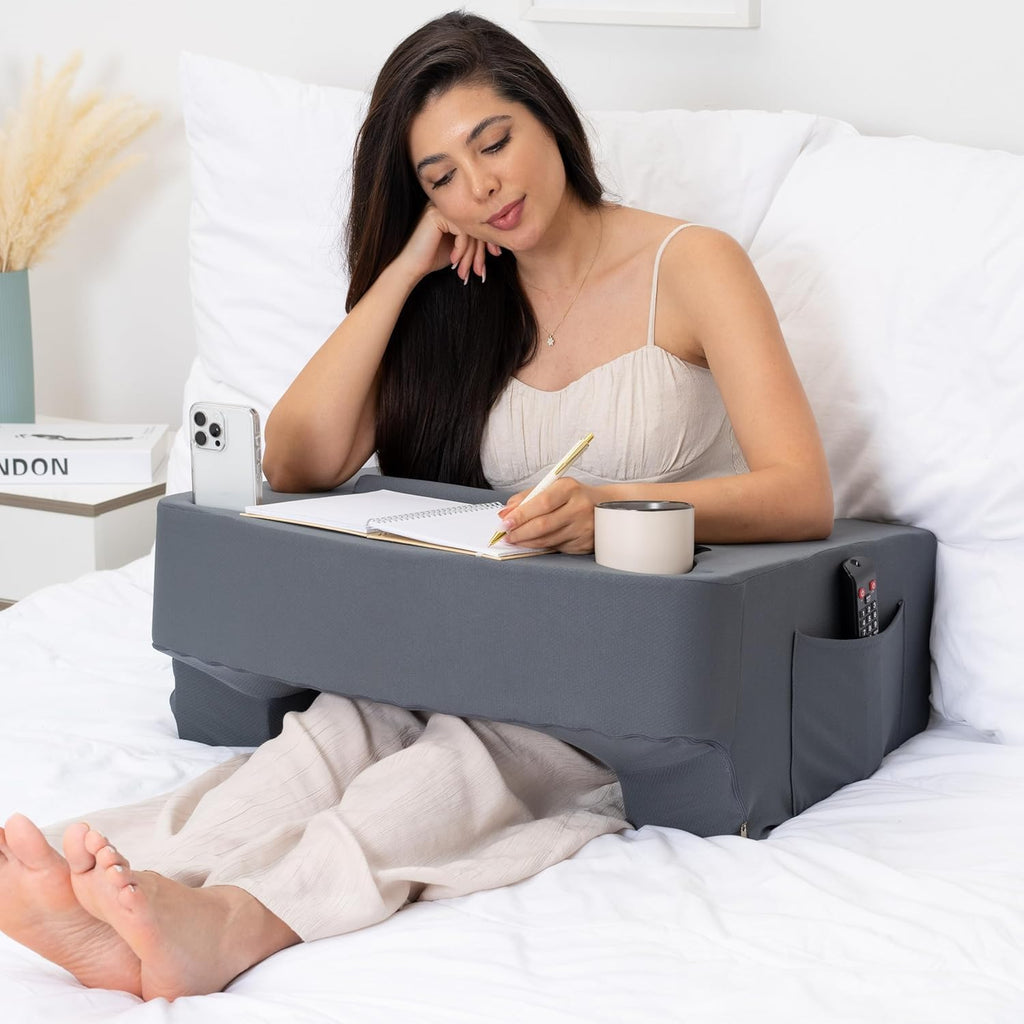 TabCouchCaddy Reading Pillow for Gaming – Extra Large Lap Desk & Arm Rest with Cup & Phone Holder, Adjustable Heights, Laptop Support…