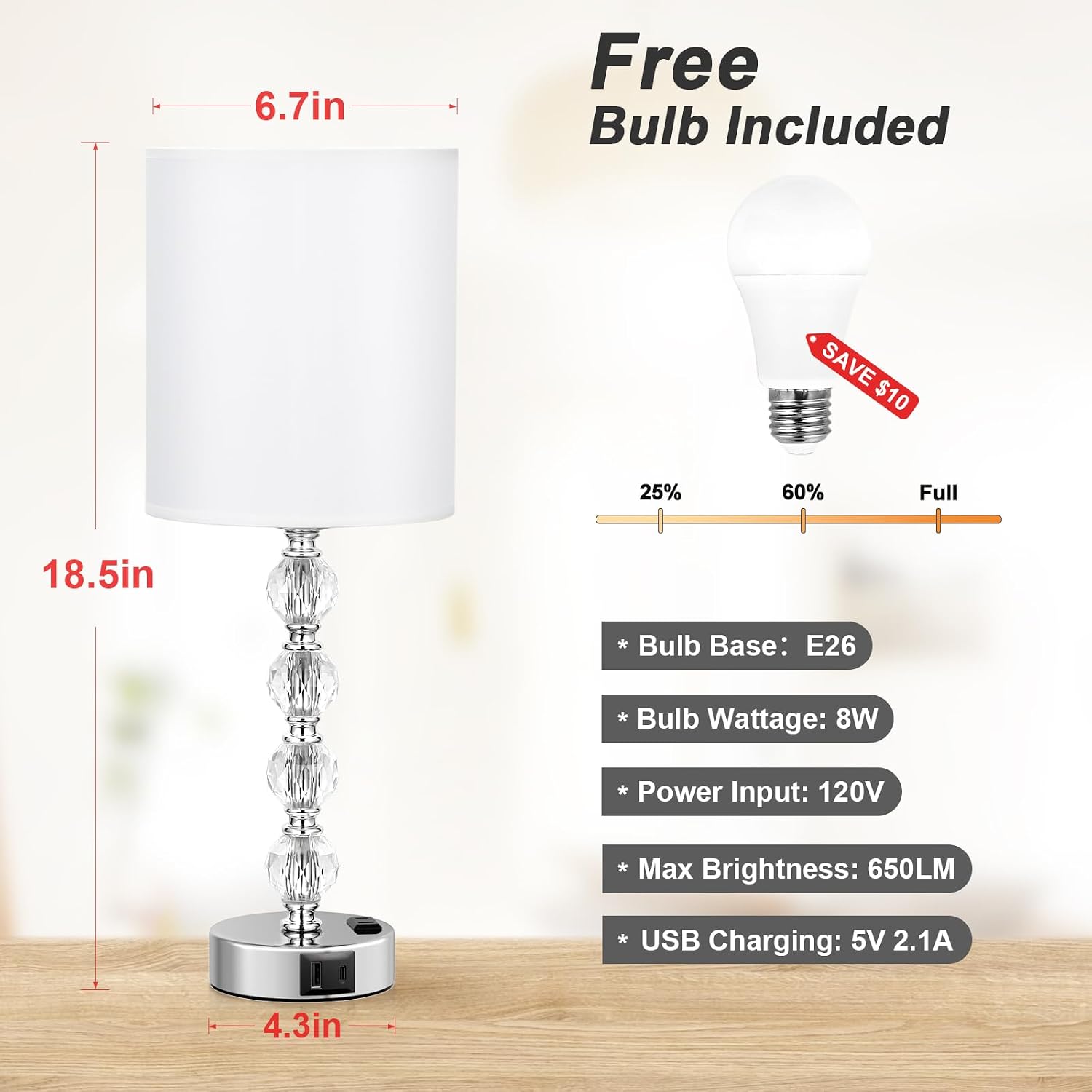Touch Bedside Crystal Lamps for Bedrooms Nightstand with USB C+A Charging Port and AC Outlet White, 3 Way Dimmable Silver Large End Side…