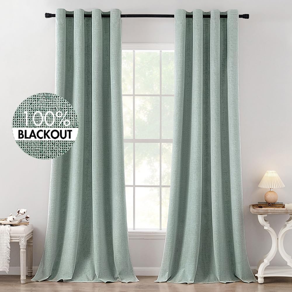 Miulee Linen Texture Curtains for Bedroom Solid 100% Blackout Thermal Insulated Seafoam Green Curtains Grommet Room Darkening Curtains/Drap…