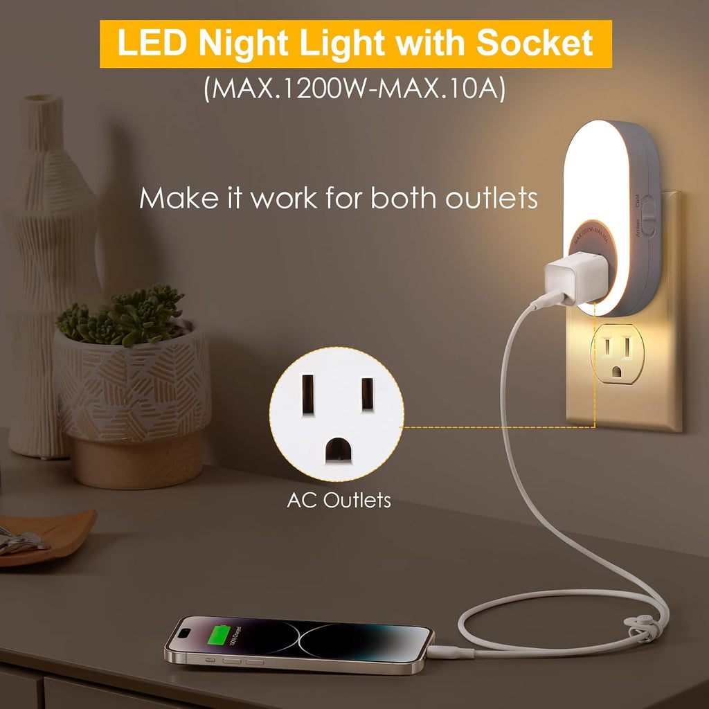 Dawnrise Night Lights Plug Into Wall, Dusk to Dawn Sensor Night Light with Power Outlet, CCT 2200K or 4000K, 5Lm or 20Lm Adjustable…