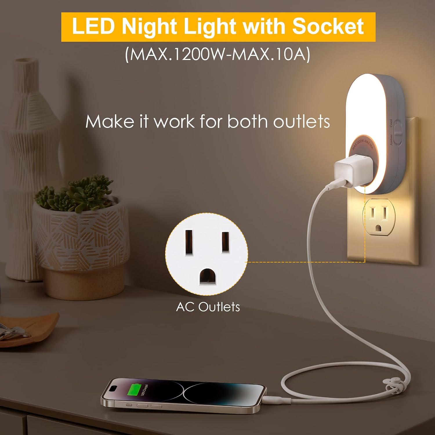 Dawnrise Night Lights Plug Into Wall, Dusk to Dawn Sensor Night Light with Power Outlet, CCT 2200K or 4000K, 5Lm or 20Lm Adjustable…