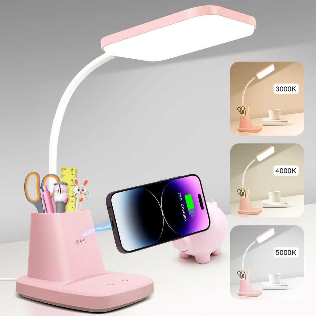 Pink Desk Lamp, Small Desk Lamp with Pen Holder, Wireless Charger LED Desk Lamps for Home Office, Kids Desk Lamps 800LM Flexible Arm 3…