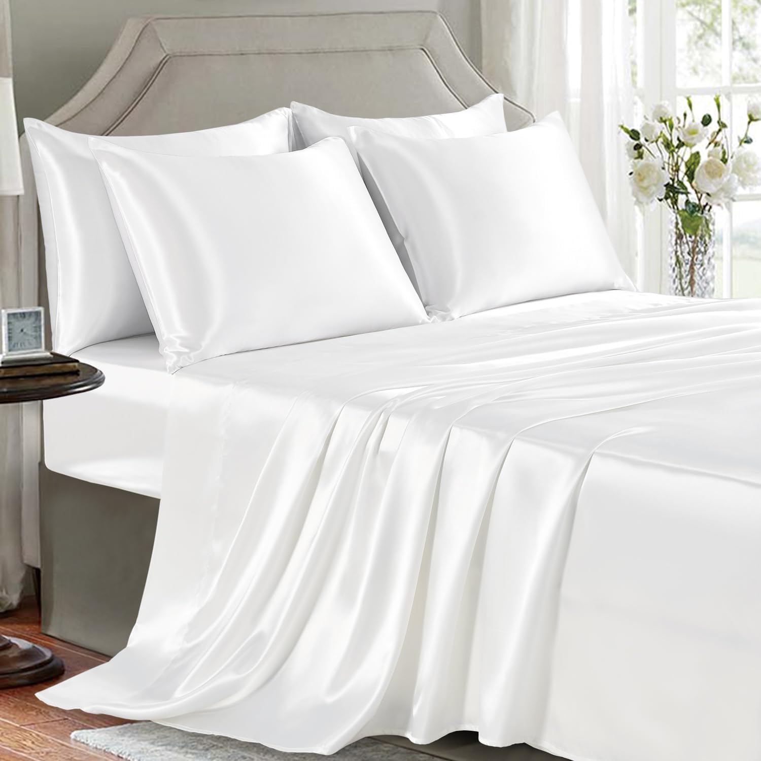 Golal Satin Sheets King Size - 6 Pieces Luxury Silky Soft Bed Sheets, Wrinkle-Free White Satin Silk Sheet Set with 1 Deep Pocket Fitted She…