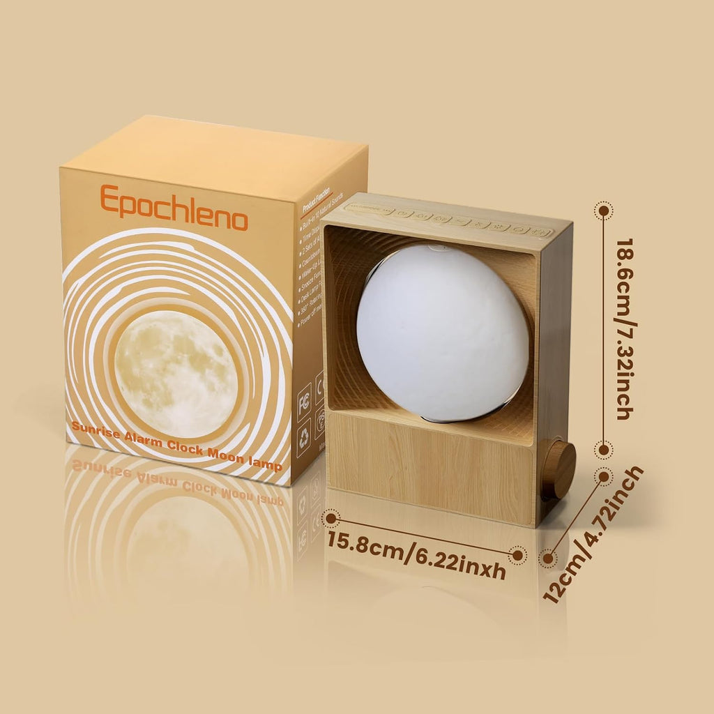 Epochleno Sunrise Alarm Clock, 360-Degree Rotating Moonlight & 10 White Noise Sounds, Dual Alarm & Snooze for Heavy Sleeper, Timer, Wooden…