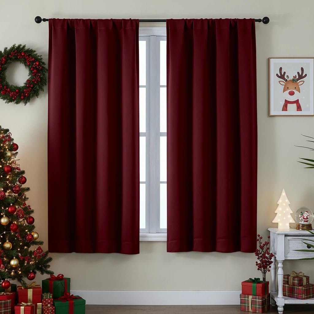 Simplebrand Ava Burgundy Blackout Curtains for Bedroom 63 Inch Length 2 Panels Set, Nursery Thermal Insulated Energy Saving Rod Pocket Wind…