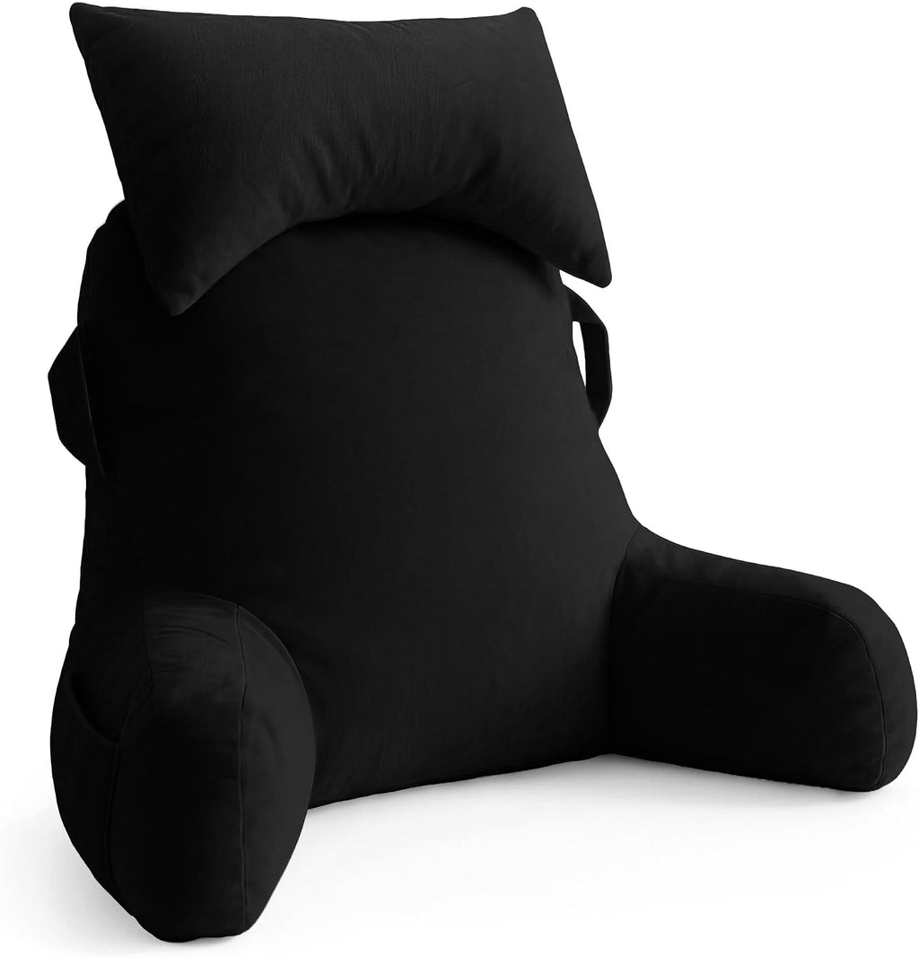 Unisakey Portable Reading Pillows with Headrest for Bed Sitting Up(Black Oeko-Tex), Velvet Back Pillow with Arms & Pockets for Adults…