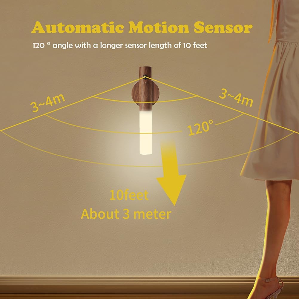 LANDGOO Wooden Motion Sensor Night Lights Magnet Body Sensor Hallway Night Lights Rechargeable Led Light Portable Stairway Wall Sconce…