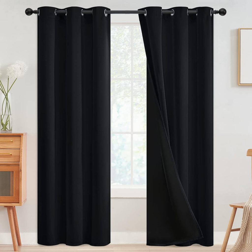 SimpleHome 100% Blackout Curtains for Bedroom, Thermal Insulated Grommet Window Drapes Room Darkening Black Curtains for Living Room with Bl…