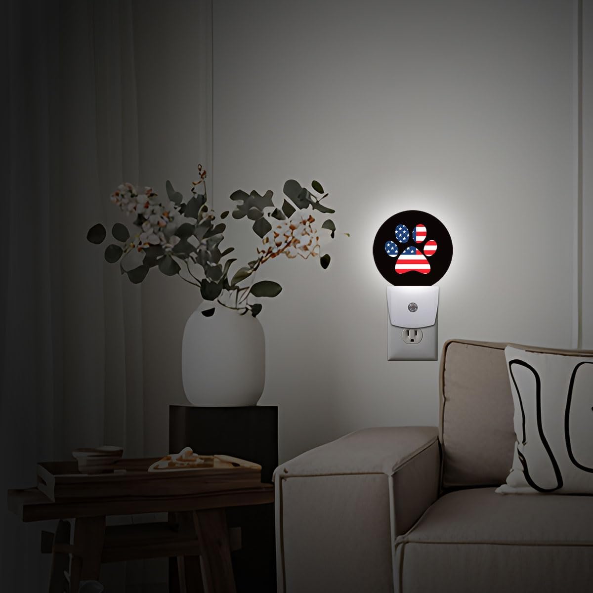 USA Flag Paw Plug in Night Light Auto Light Round Lamps Energy Saving Gift for Women Men Friends